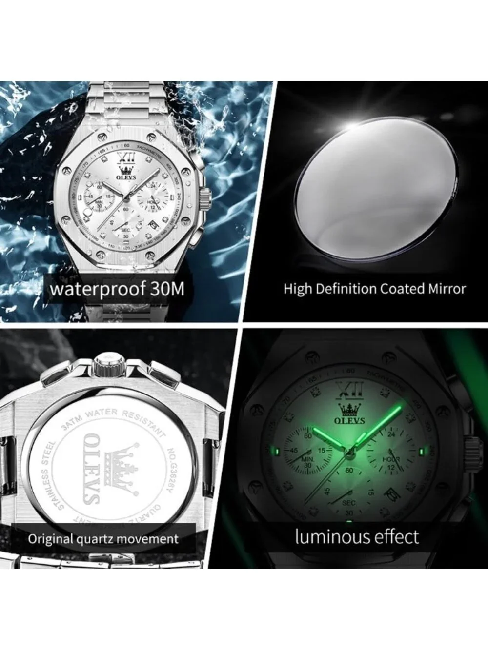 Men's Silver Luxury Stainless Octagon Analog Quartz Chronograph Waterproof Watch